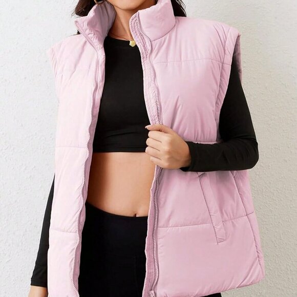 Pink Casual Women's Stand Collar Quilted Sleeveless Puffer Vest Jacket - Picture 6 of 6